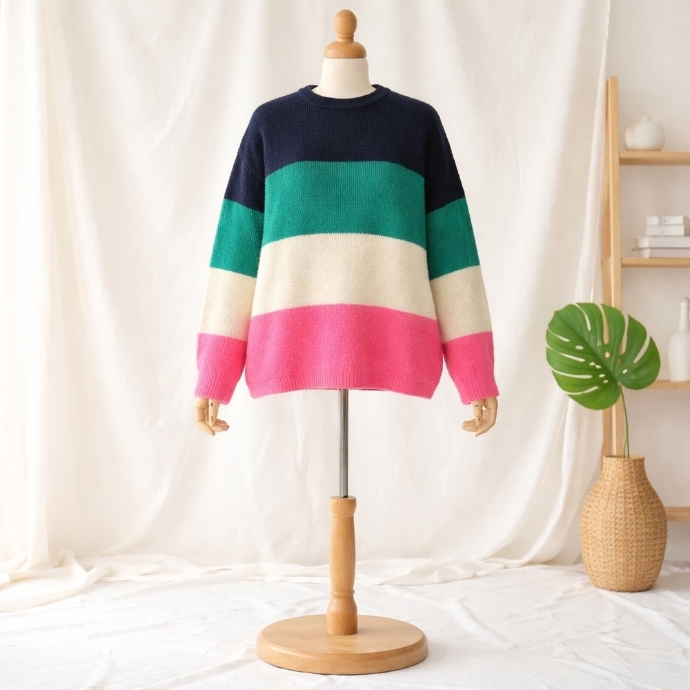 ASOS Curve Oversized Striped Crew Neck Sweater Size 0XL Navy Pink Green Beige